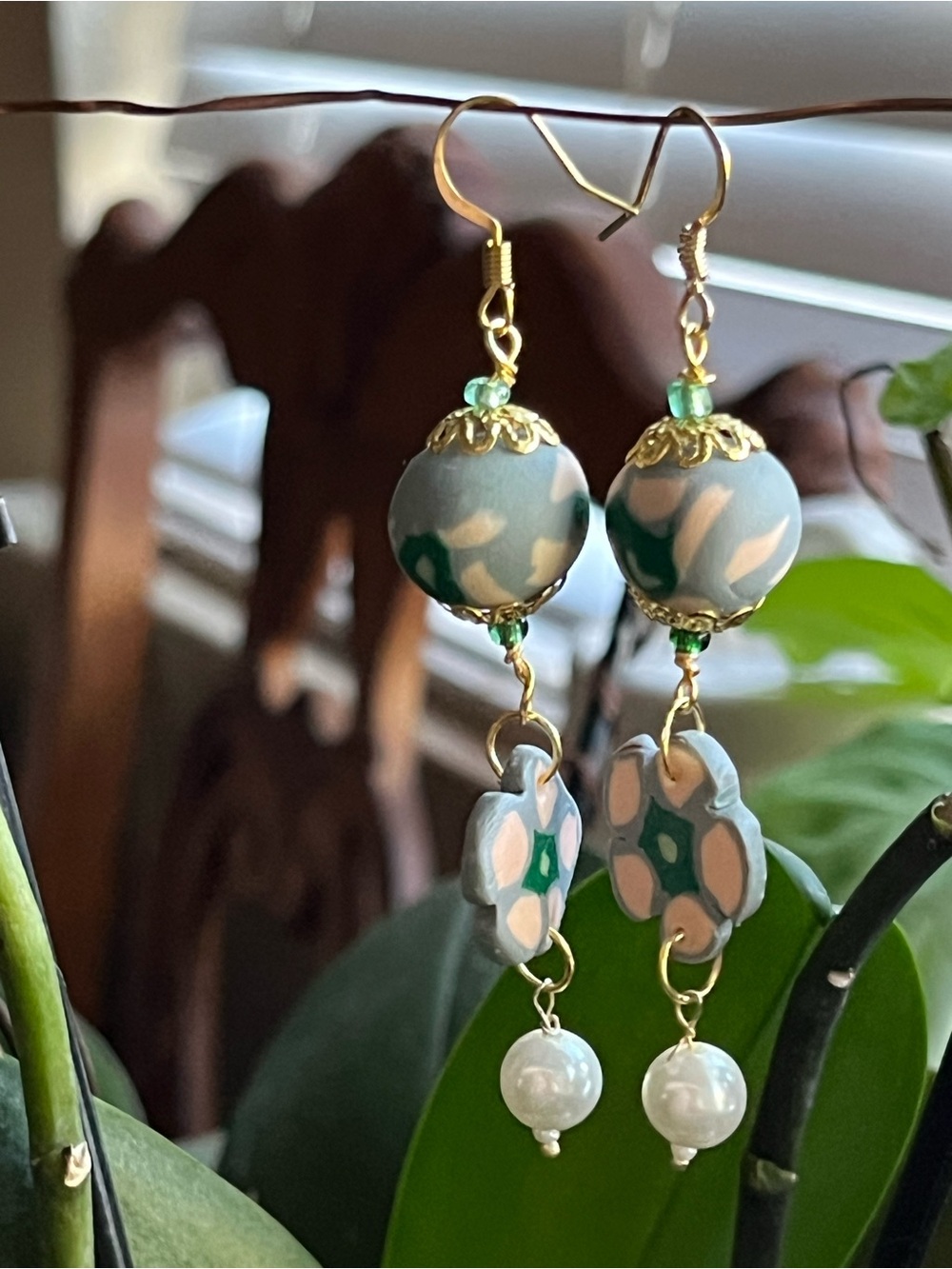 Green & Cream Floral Bead Drop Earrings with Gold Accents. Polymer clay